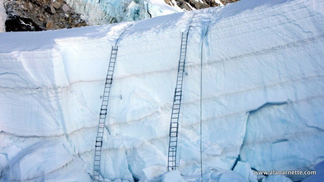 Ladders at the top of the Khumbu Icefall before earthquake