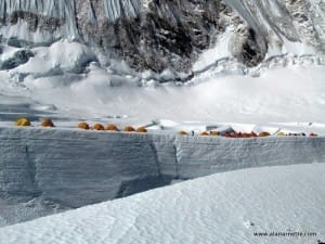 Camp1 near a crevasse in 2008