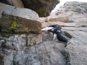 The crux move on Longs Peak Northwest Couloir
