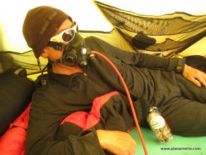 Alan with Top Out oxygen mask on Everest in 2011