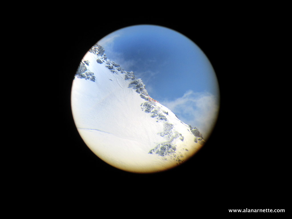 Camp 3 through a telescope from K2 Base Camp