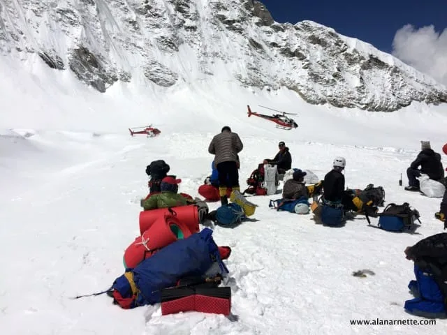 Rescue helicopters in the Western Cwm at Camp 1, 19,500 feet.