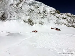 Rescue helicopters in the Western Cwm at Camp 1, 19,500 feet.