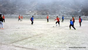 Playing football at the Sir Edmund Secondary school in Khumjung