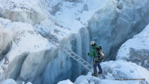 Kami at ladder in Everest 2016 Icefall