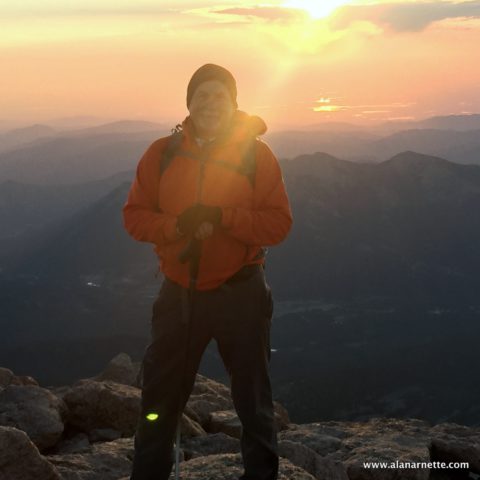 Alan Arnette on his 60th birthday on the summit of Longs Peak, 14259' in Colorado