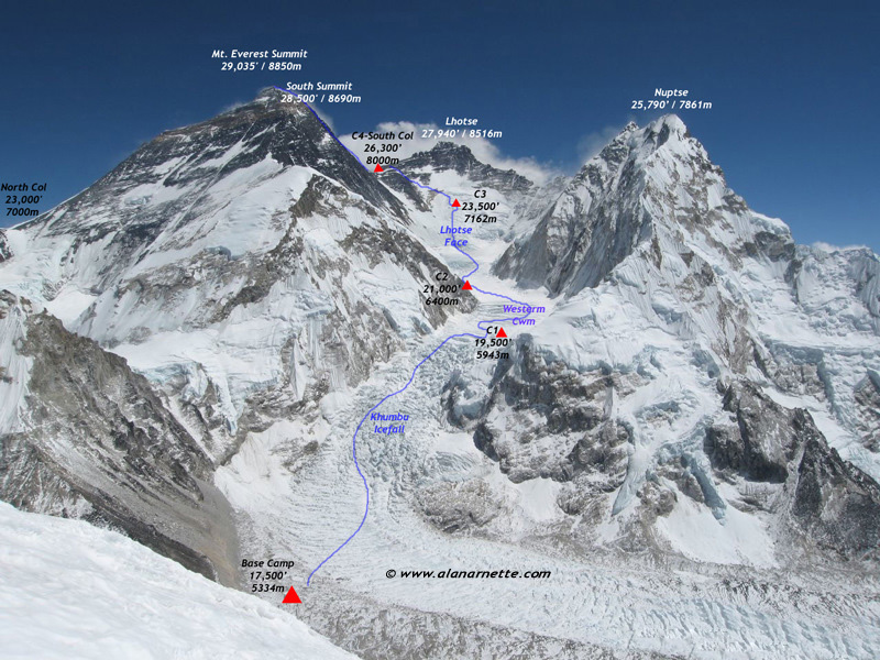 Everest Southeast Ridge Route Map. Courtesy of www.alanarnette.com © reproduction prohibited without authorization