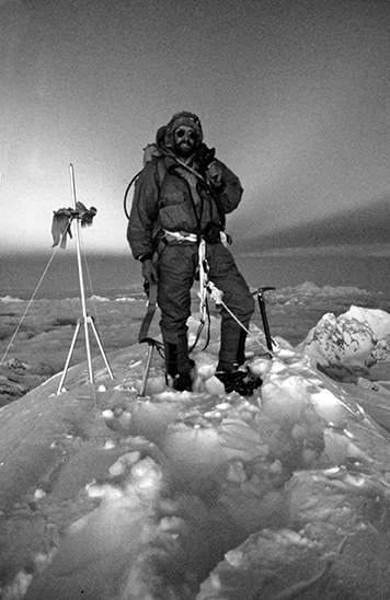 Doug Scott on the summit of Mount Everest in 1975. Photo: Dougal Haston.
