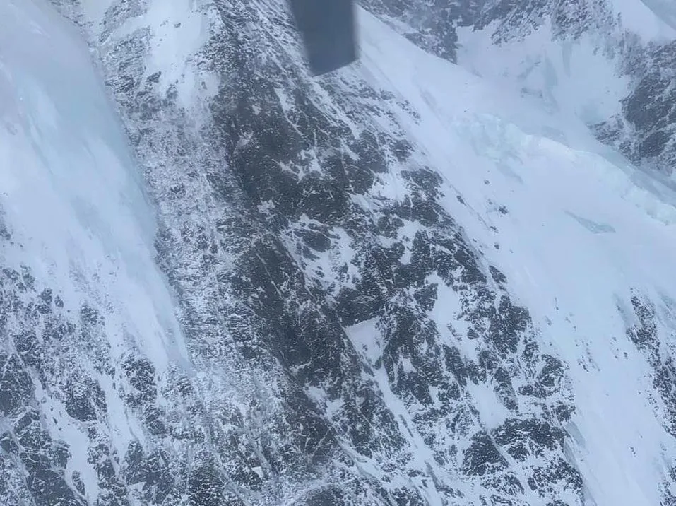 Photo of the Ice Serac and Bottleneck are on K2 taken from Pakistani military helocpterr on February 7 2021 during unsuccessful search for missing climbers.