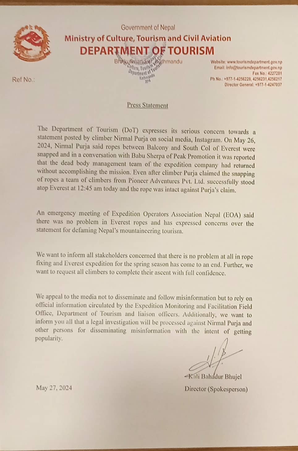 Nepal 2024 Department of Tourism cut rope release