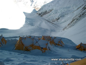 snow covered tents at C2 - South