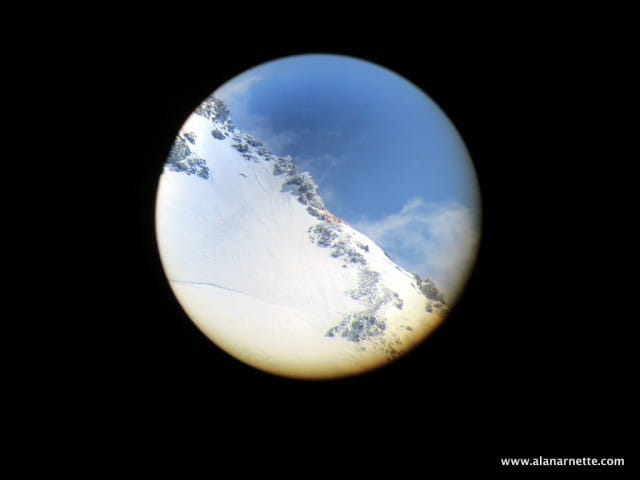 Camp 3 through a telescope from K2 Base Camp